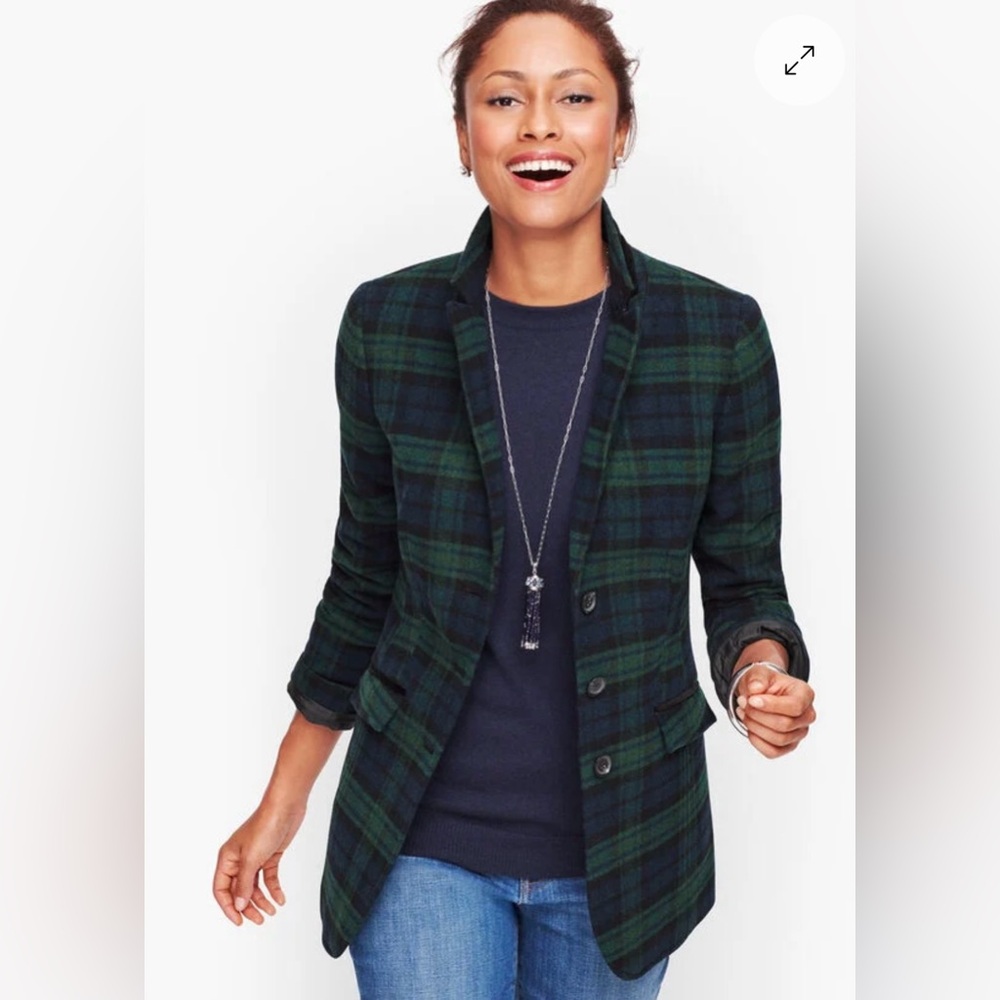 Talbots Navy and Forest Plaid Long Three Button Blazer